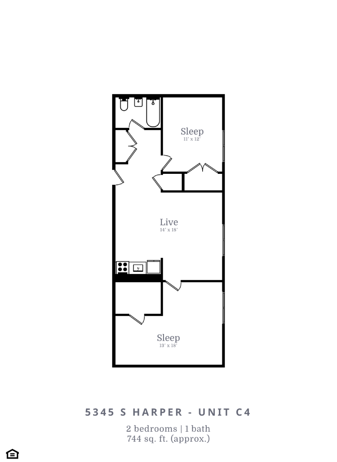 Floor plan for 2 beds, 1 bath, 744 sqft